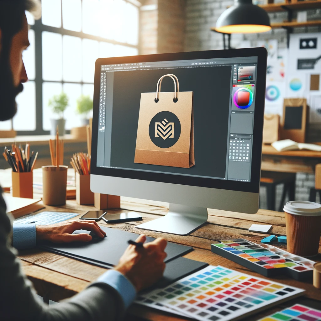 Projektant graficzny tworzący design torby papierowej z logo na komputerze w studio projektowym.